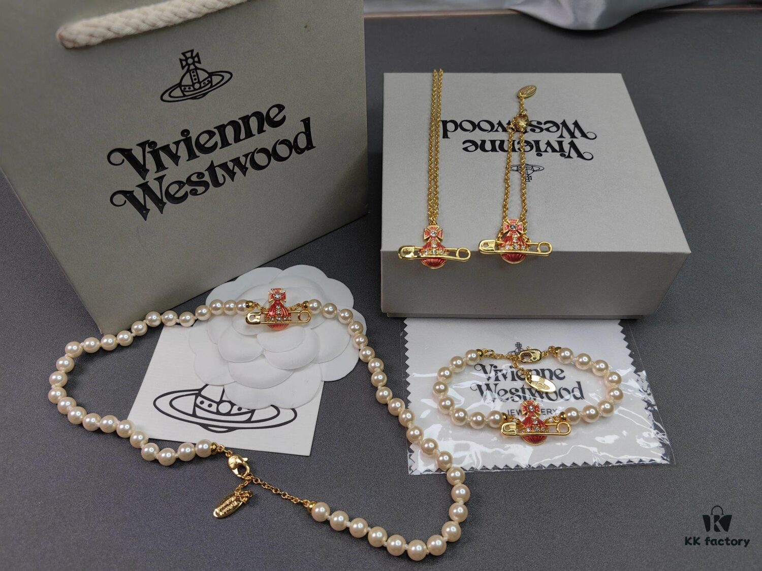 West Queen Enamel Saturn Brooch Orange Necklace and Bracelet, Pearl Necklace and Bracelet Set