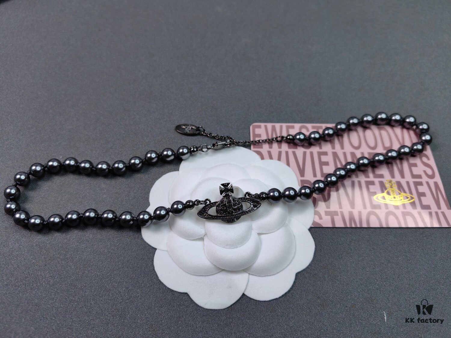 Vivienne Westwood Black Gun Color Saturn Pearl Necklace