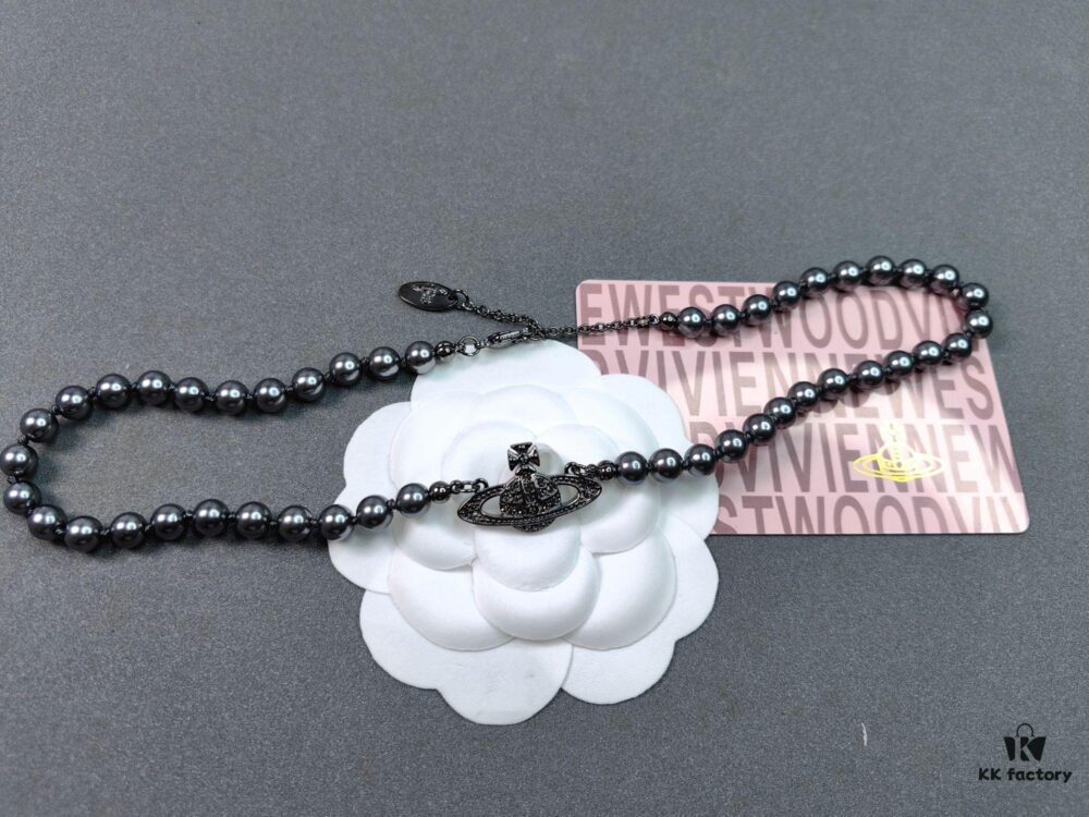 Vivienne Westwood Black Gun Color Saturn Pearl Necklace