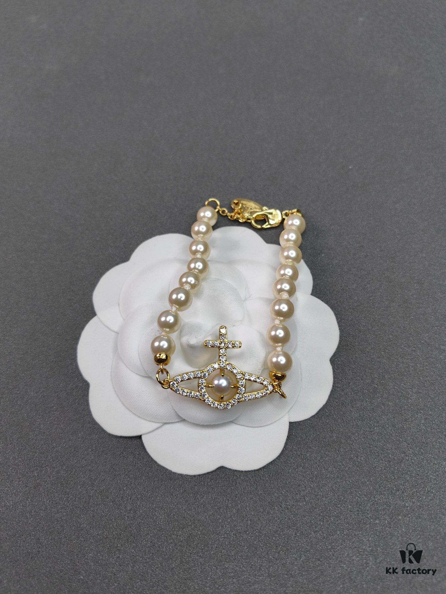 West Queen Cross Stripe Pearl Bracelet - Gold