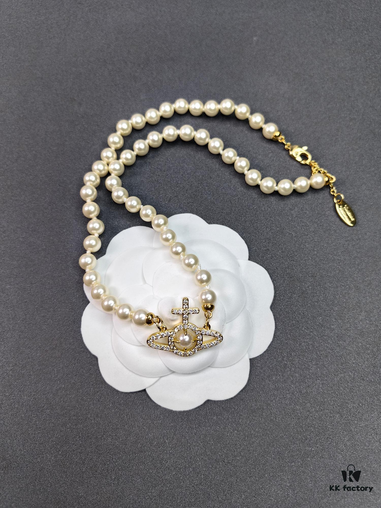 West Queen Cross Pearl Necklace with Stripe Design - Gold