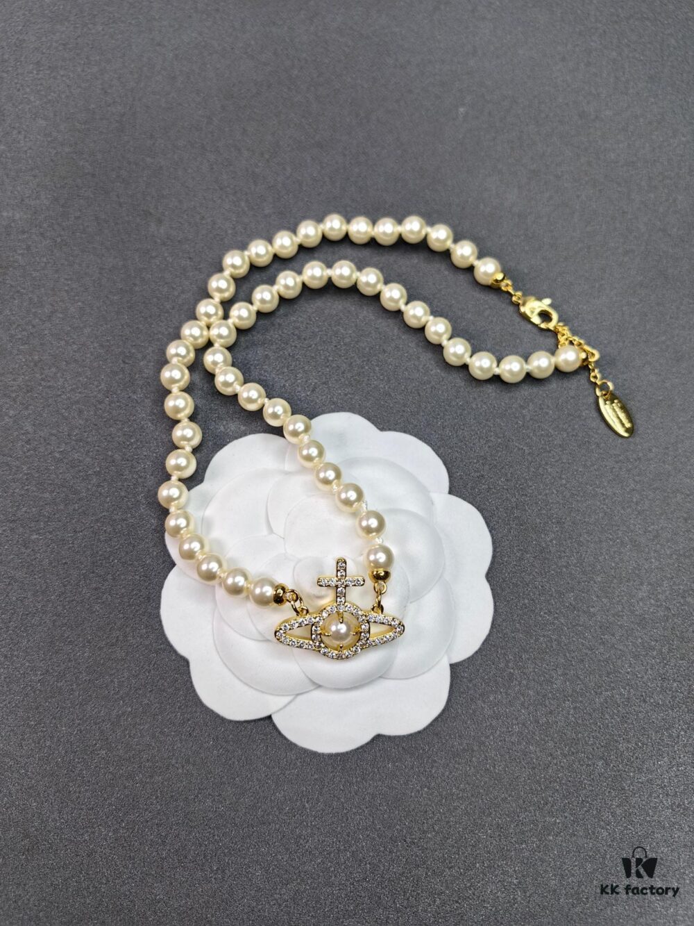 West Queen Cross Pearl Necklace with Stripe Design - Gold