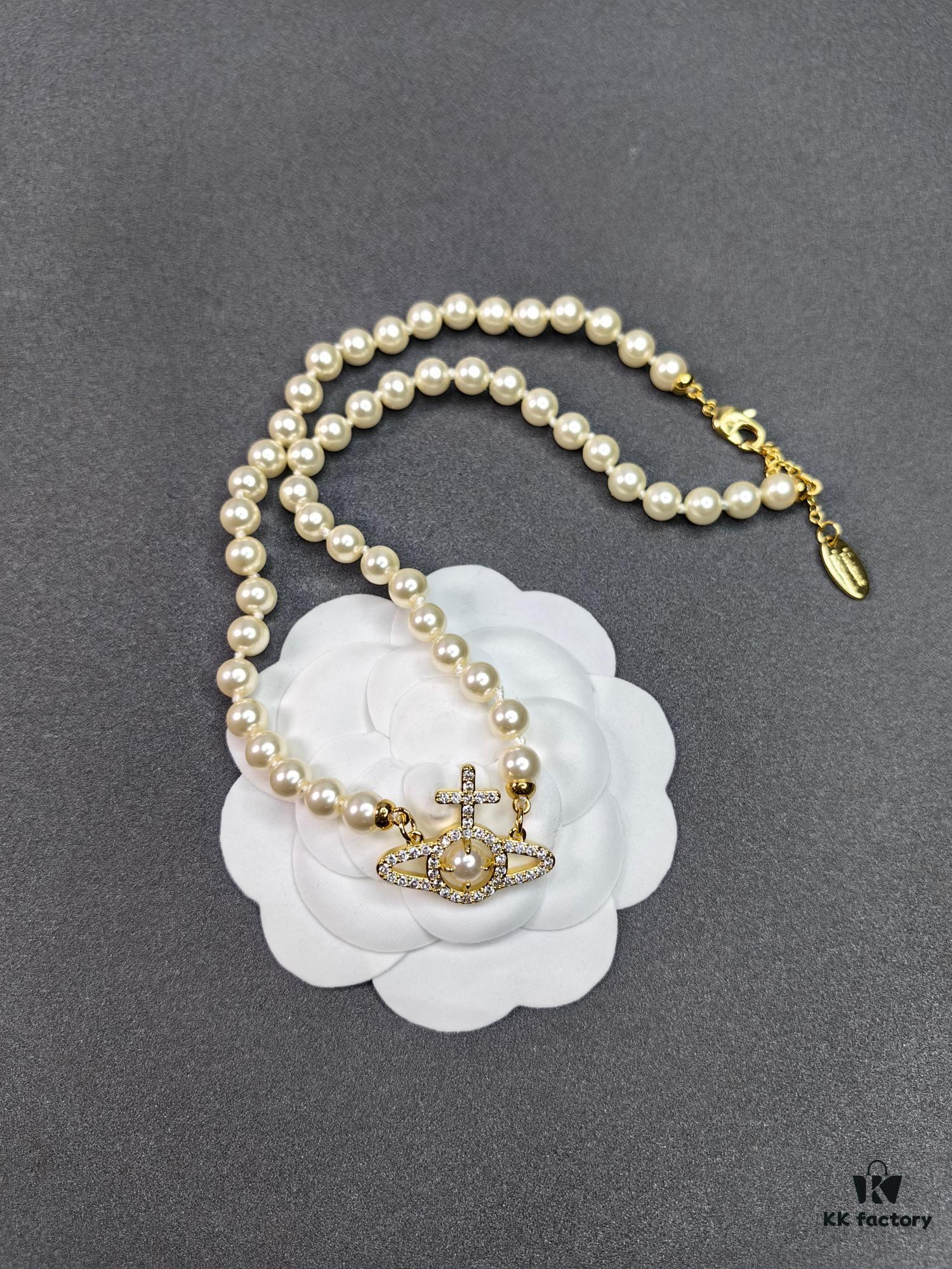 West Queen Cross Pearl Necklace with Stripe Design - Gold