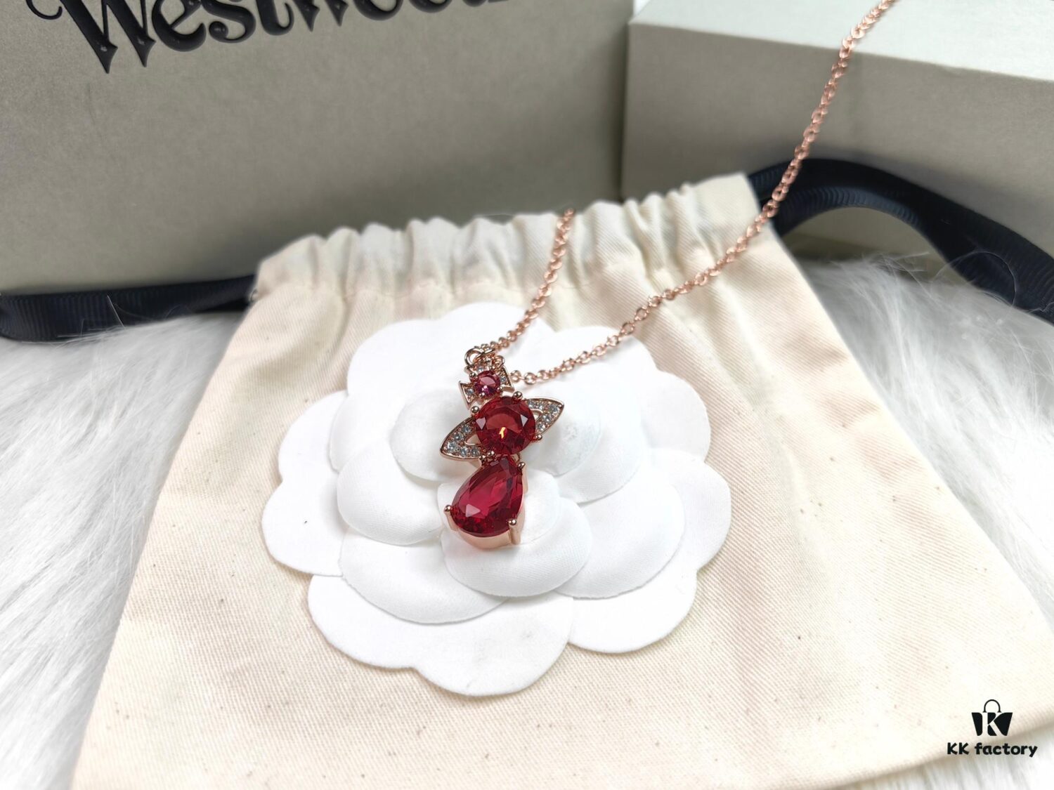 West Queen Rose Gold Deep Red Teardrop Necklace