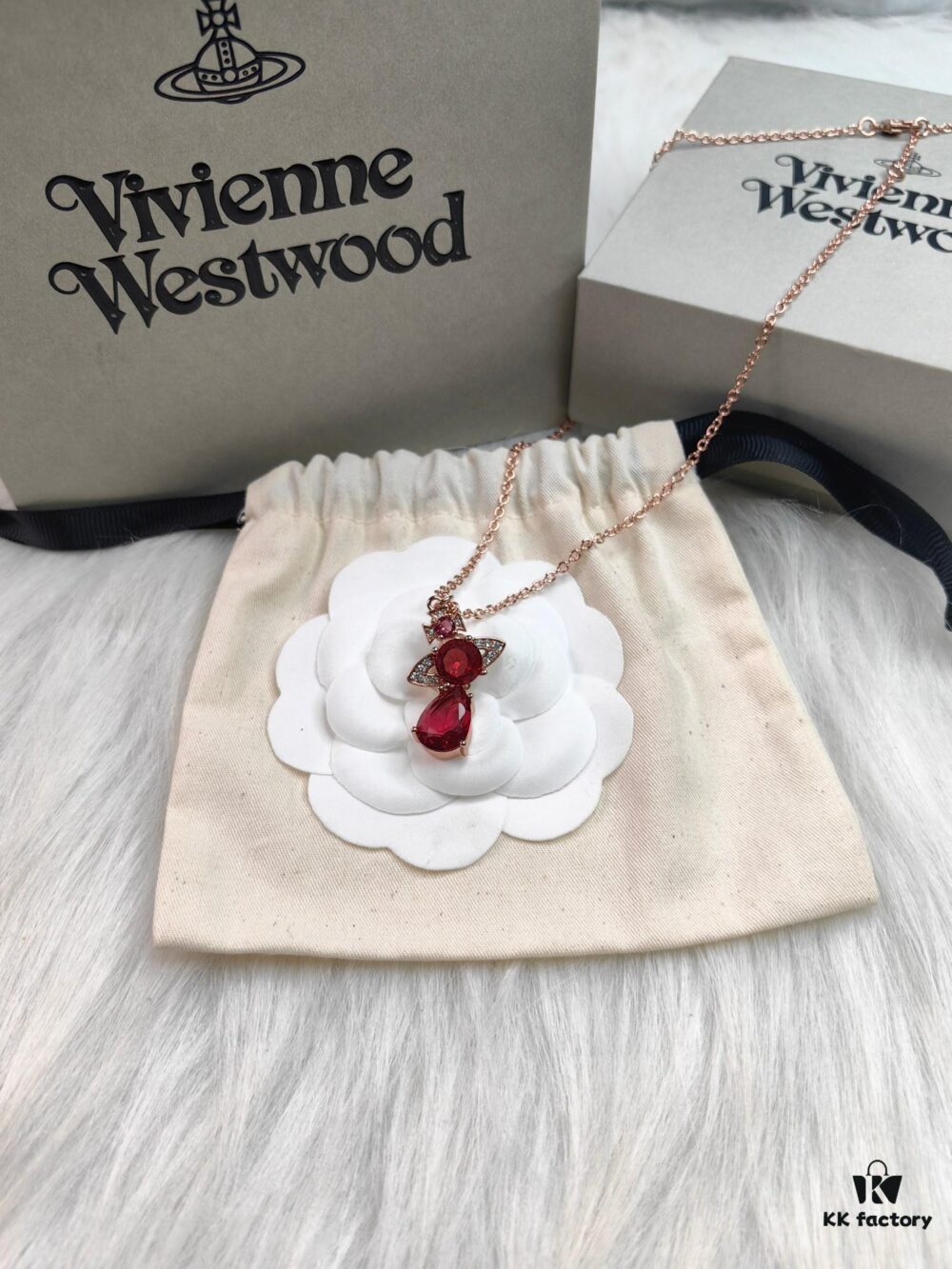 West Queen Rose Gold Deep Red Teardrop Necklace