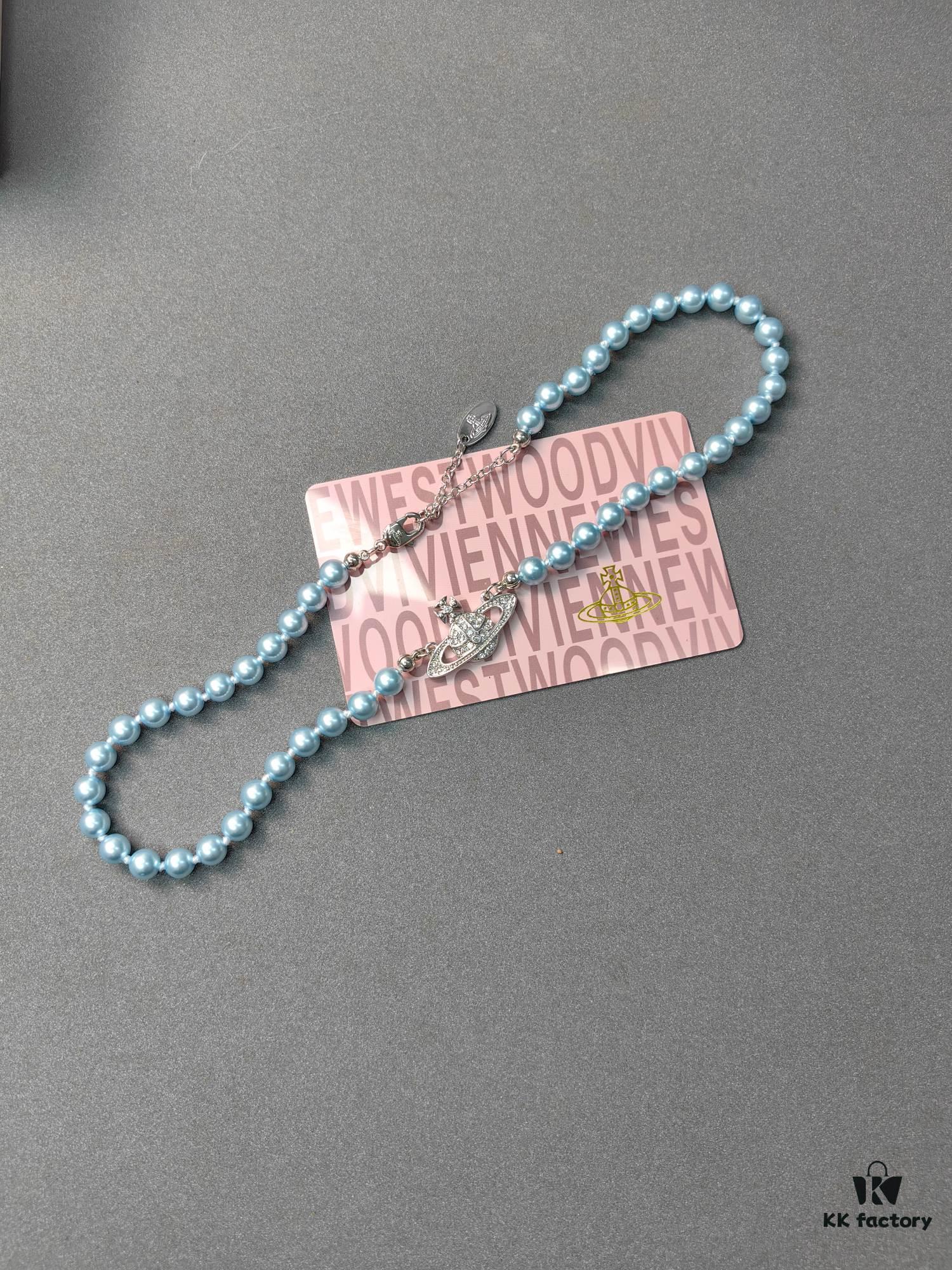 West Queen Light Blue Pearl Saturn Necklace and Bracelet