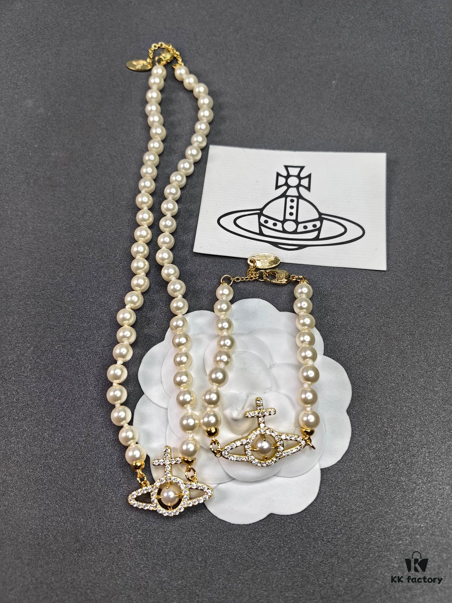 West Queen Cross Pearl Necklace with Stripe Design - Gold