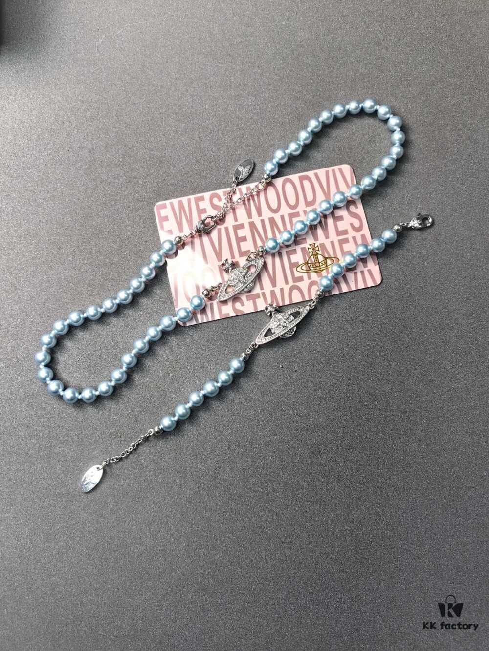 West Queen Light Blue Pearl Saturn Necklace and Bracelet