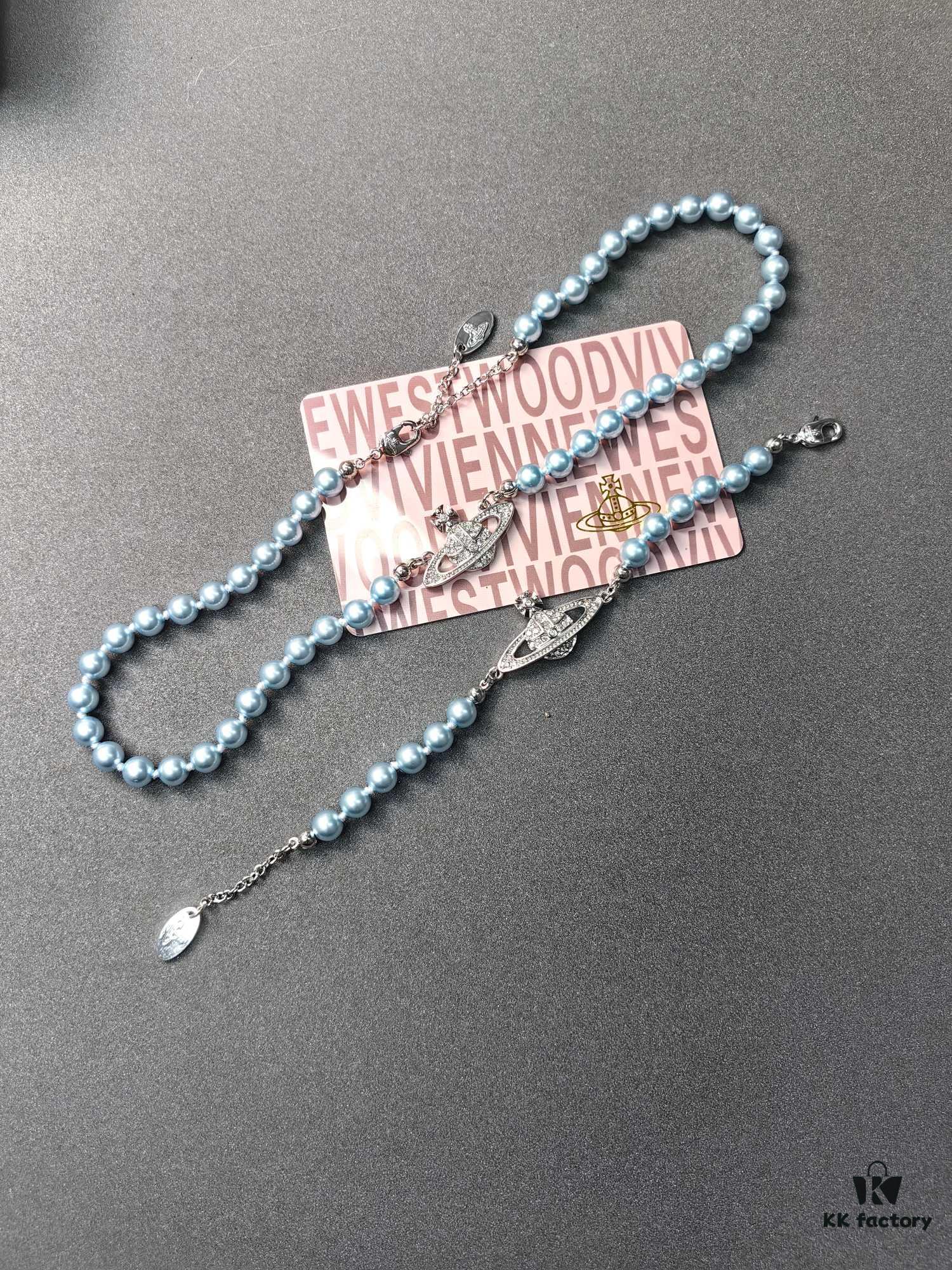 West Queen Light Blue Pearl Saturn Necklace and Bracelet