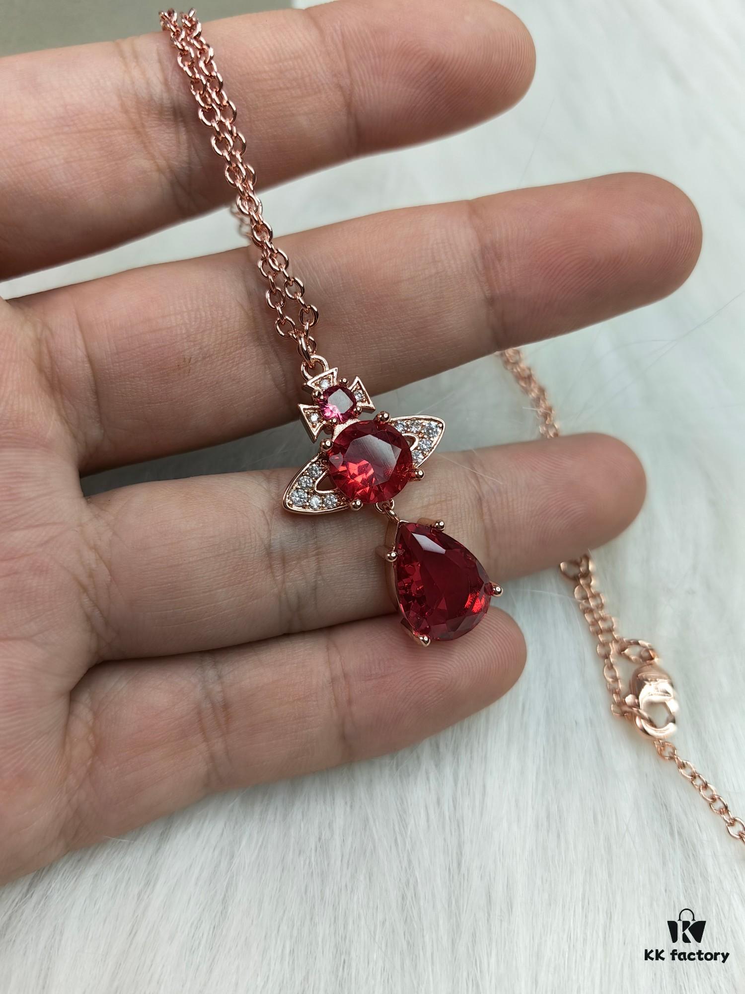 West Queen Rose Gold Deep Red Teardrop Necklace