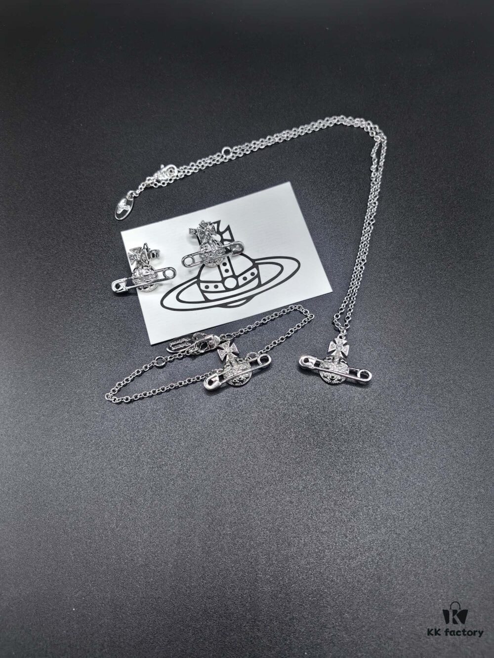 West Grandma Full Diamond Saturn Pin Necklace, Bracelet, and Stud Earrings Set in White Gold Color