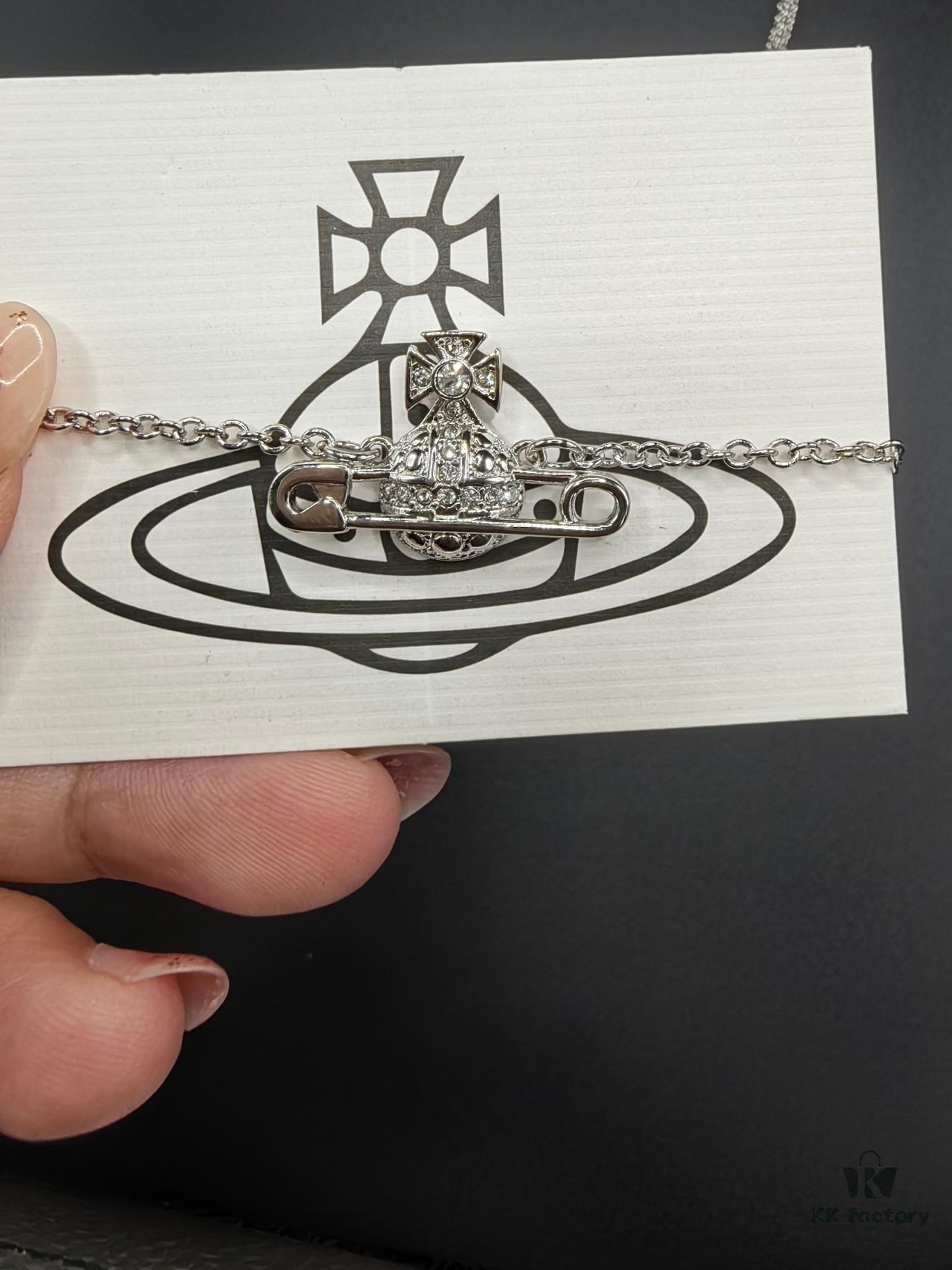 West Grandma Full Diamond Saturn Pin Necklace, Bracelet, and Stud Earrings Set in White Gold Color