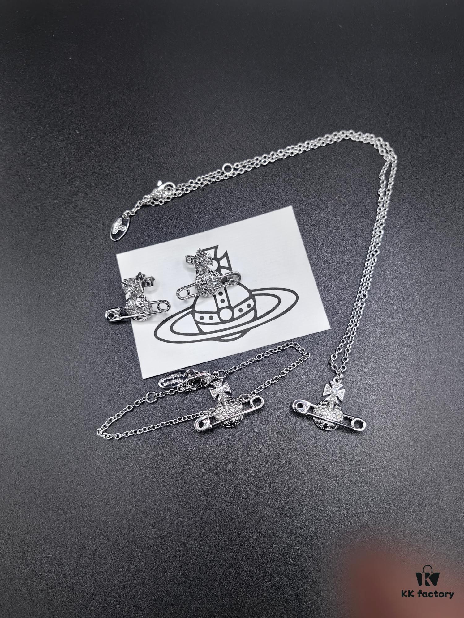 West Grandma Full Diamond Saturn Pin Necklace, Bracelet, and Stud Earrings Set in White Gold Color
