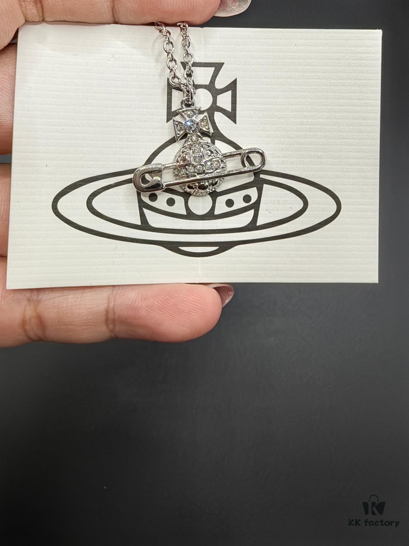 West Grandma Full Diamond Saturn Pin Necklace, Bracelet, and Stud Earrings Set in White Gold Color