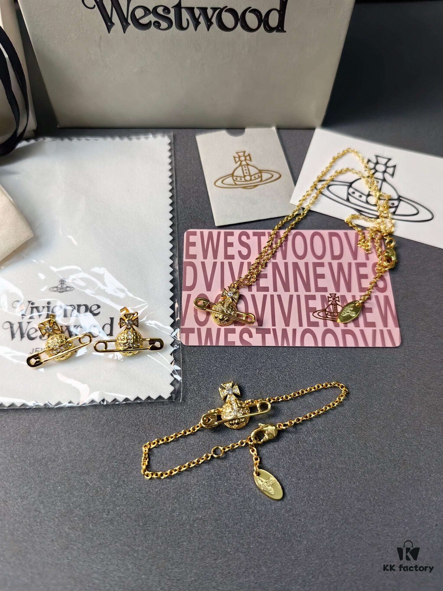 West Queen Full Diamond Brooch Necklace Bracelet Earring Set - Gold Color