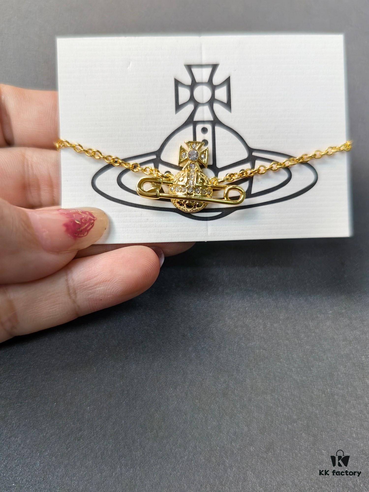 West Queen Full Diamond Brooch Necklace Bracelet Earring Set - Gold Color