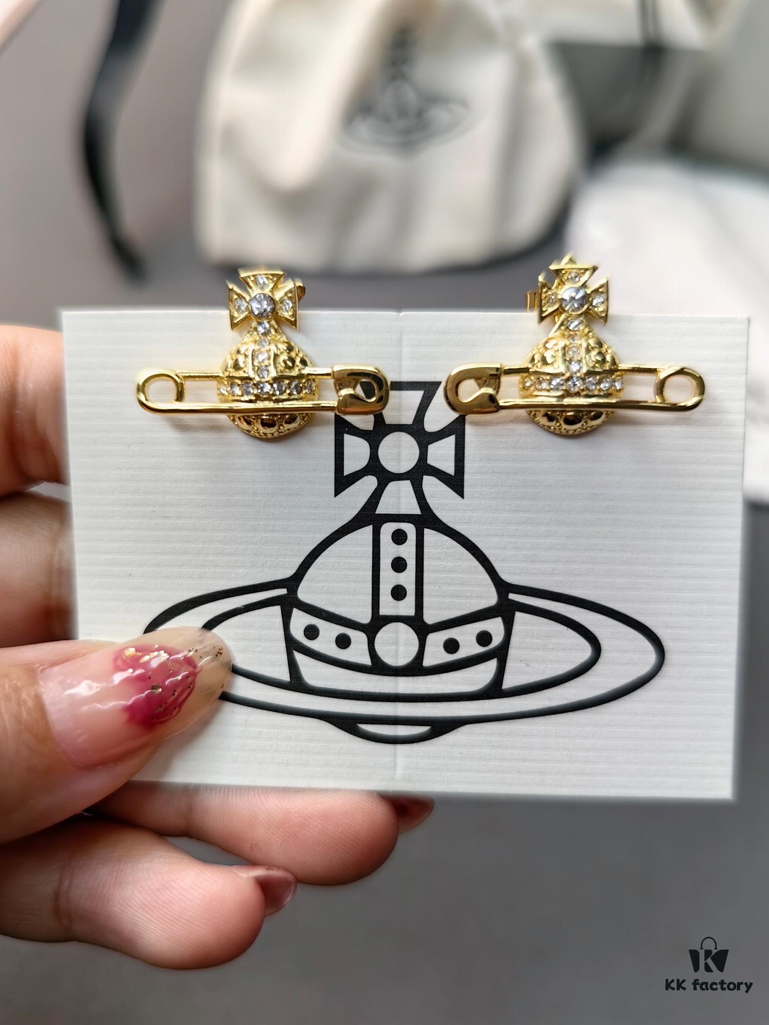 West Queen Full Diamond Brooch Necklace Bracelet Earring Set - Gold Color