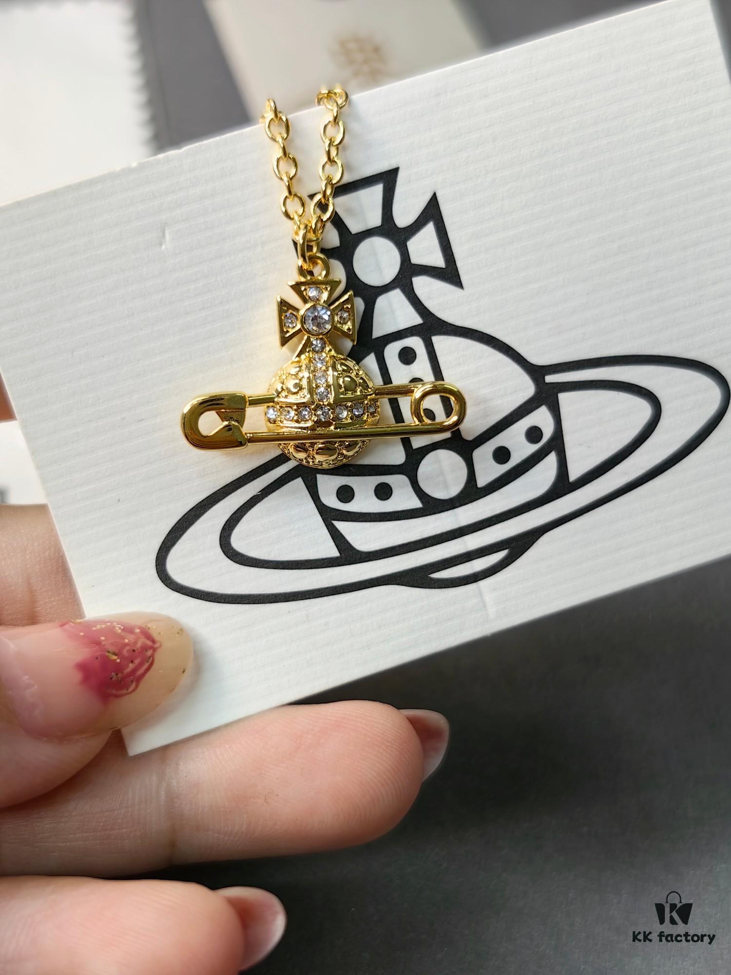 West Queen Full Diamond Brooch Necklace Bracelet Earring Set - Gold Color