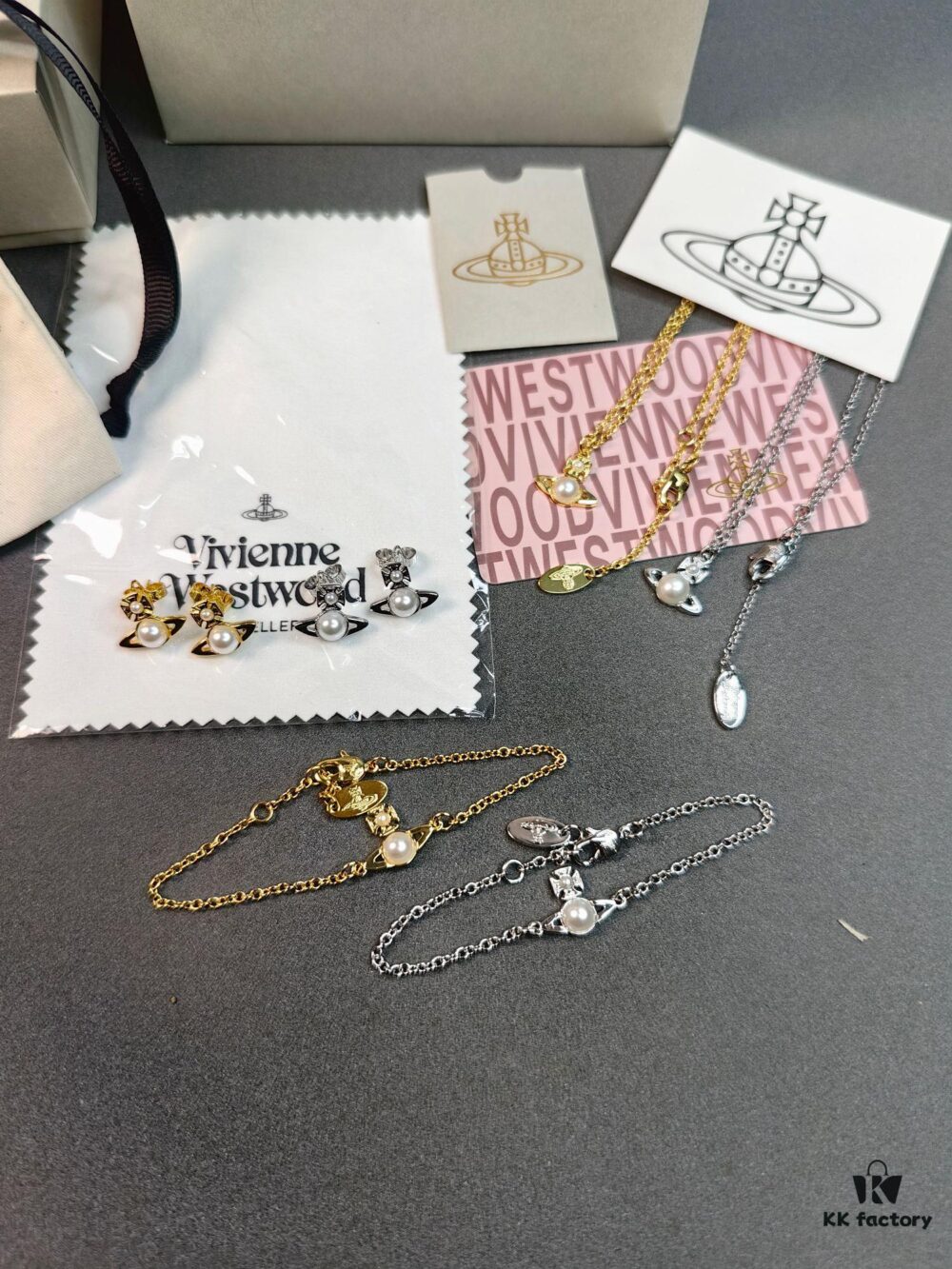 West Queen Half-Pearl Necklace, Bracelet, and Stud Earrings in White Gold and Yellow Gold Two-Tone