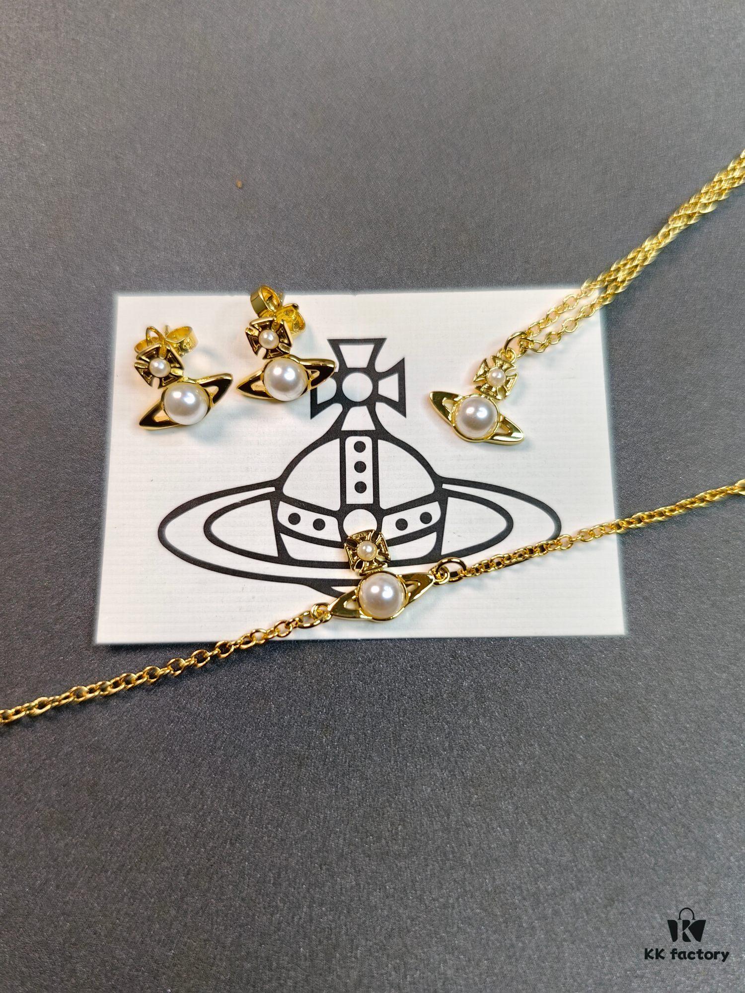 West Queen Half-Pearl Necklace, Bracelet, and Stud Earrings in White Gold and Yellow Gold Two-Tone