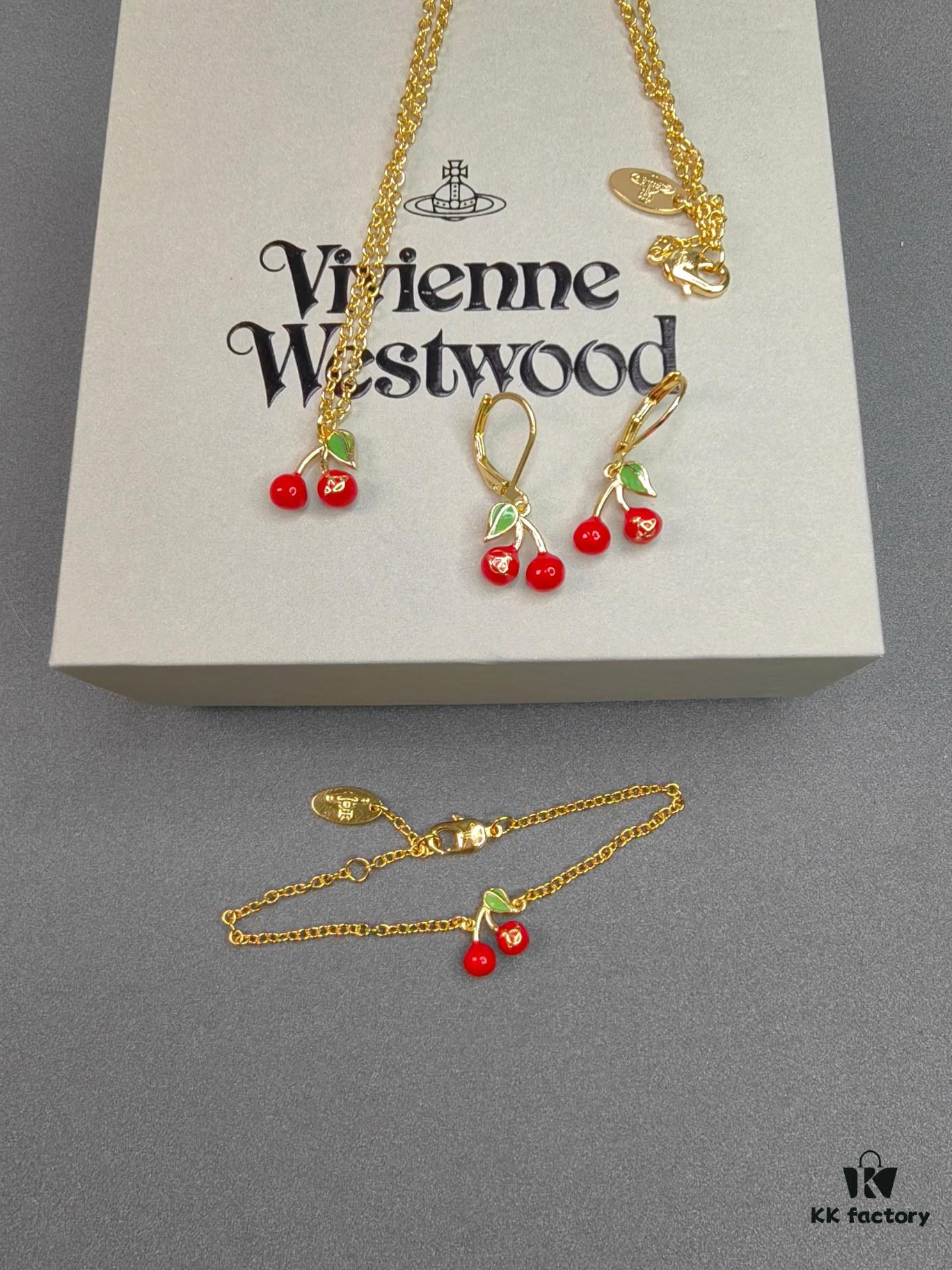 West Queen Cherry Necklace, Bracelet, Earrings in Gold Color