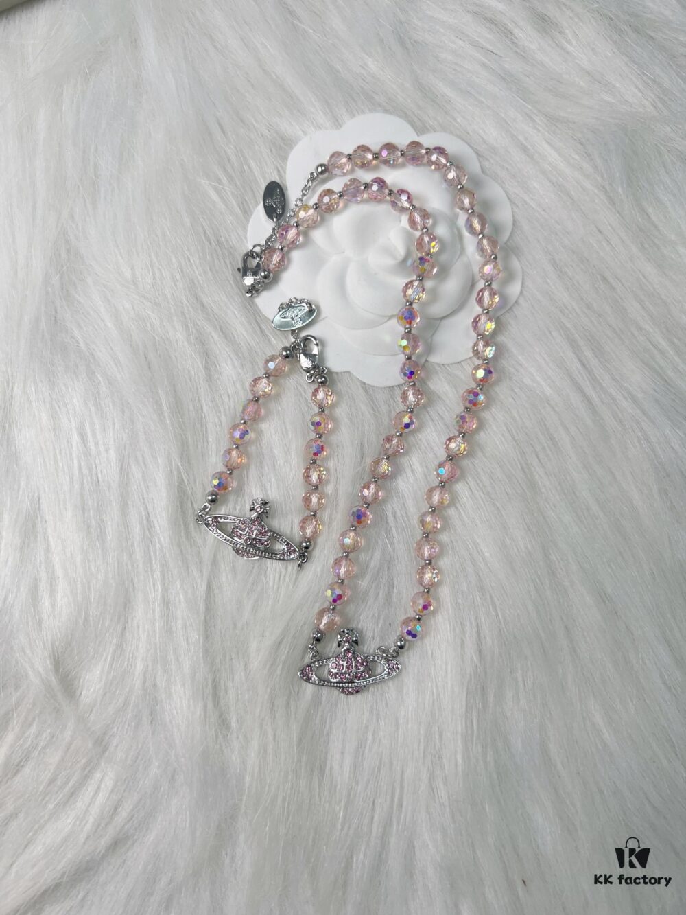 West Queen Pink Crystal Saturn Necklace Bracelet