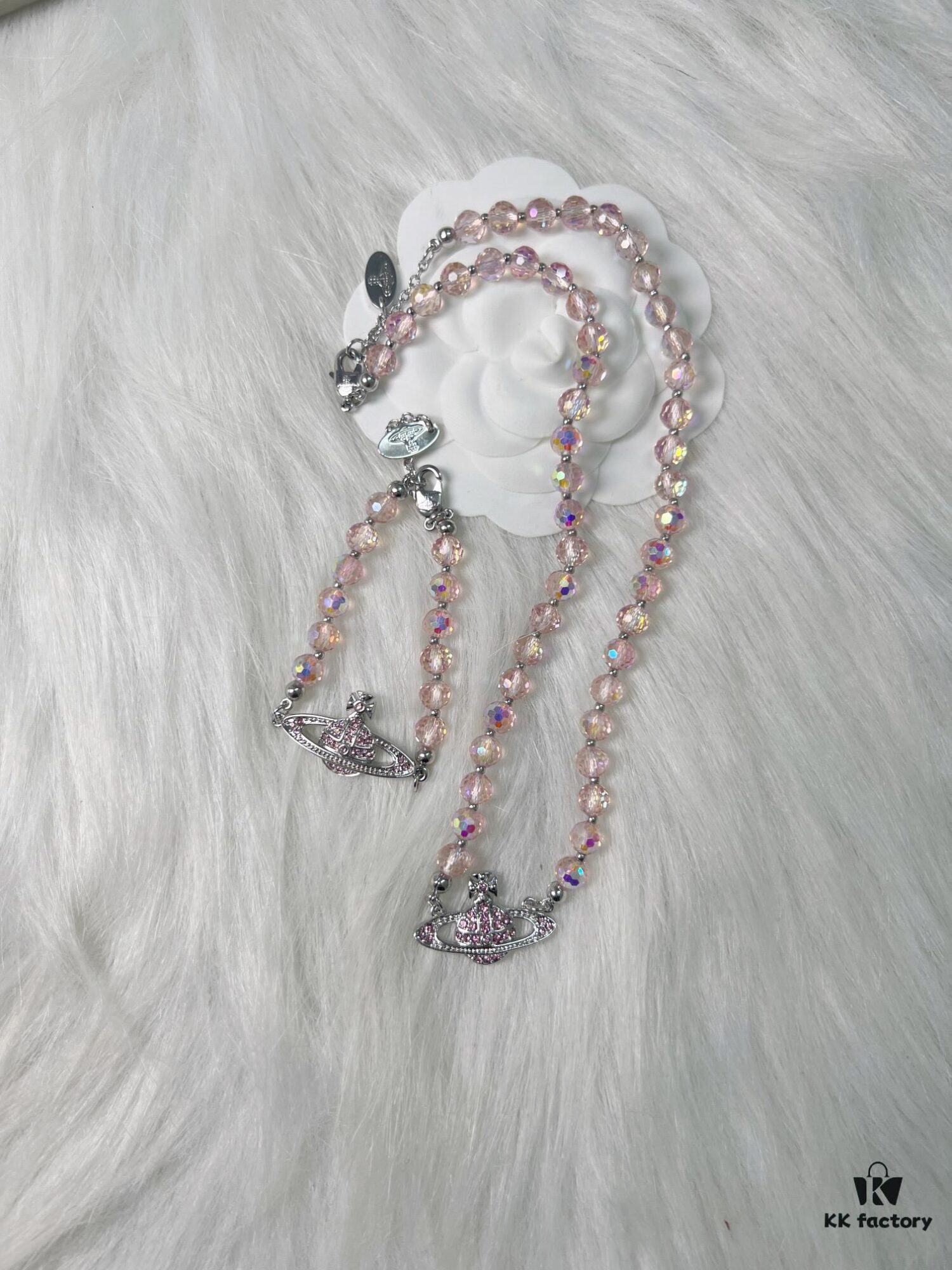 West Queen Pink Crystal Saturn Necklace Bracelet