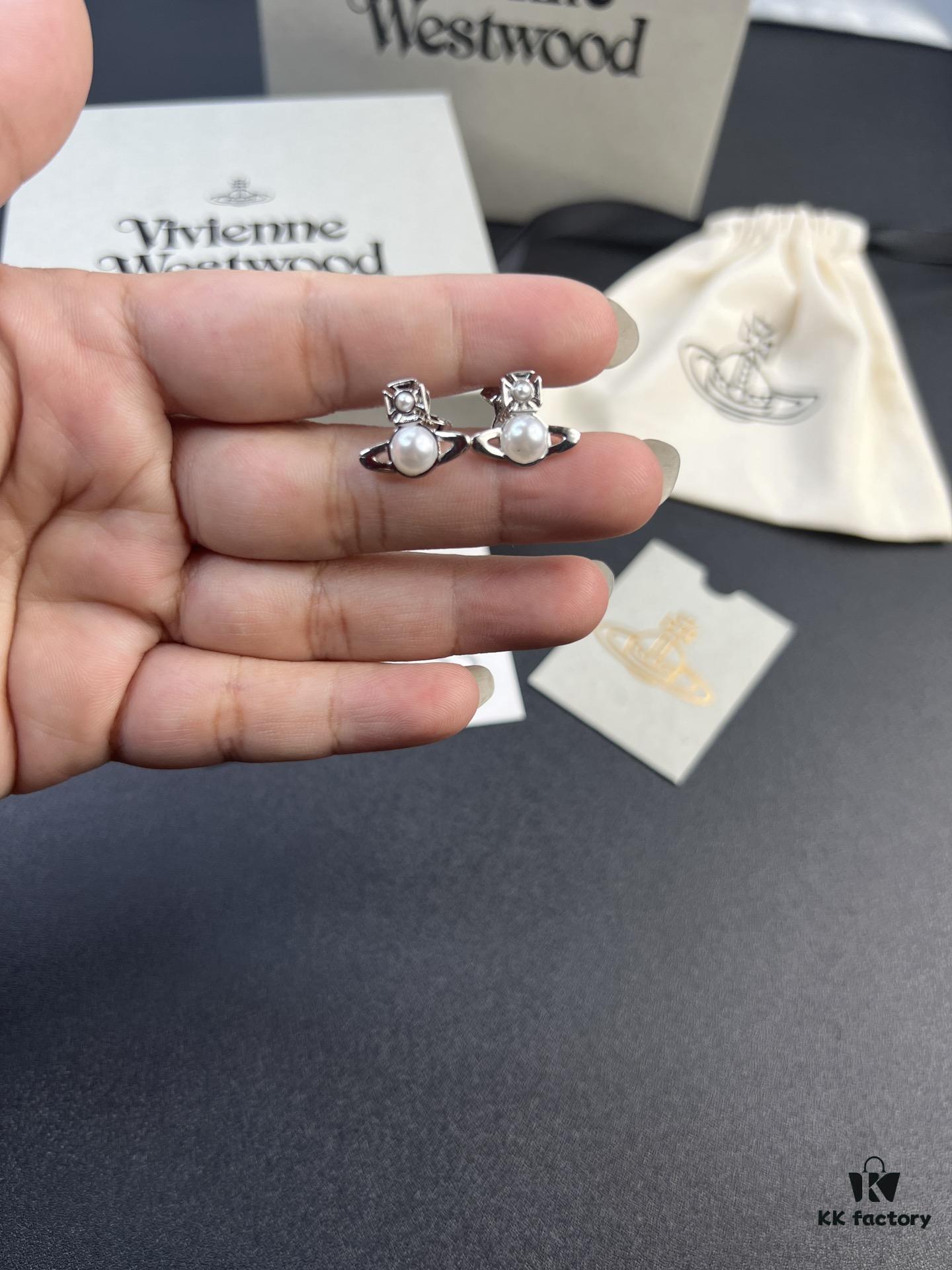 West Queen Half-Round Pearl Mini Saturn Stud Earrings