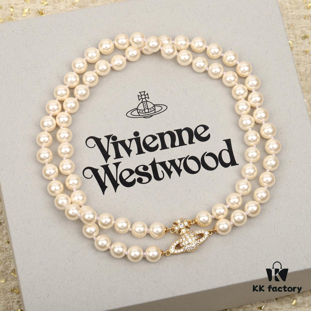 West Queen Full Crystal Saturn Double Layer Pearl Necklace