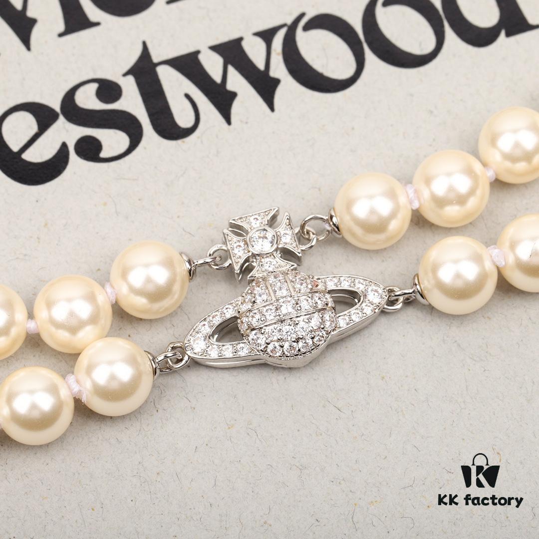 West Queen Full Crystal Saturn Double Layer Pearl Necklace