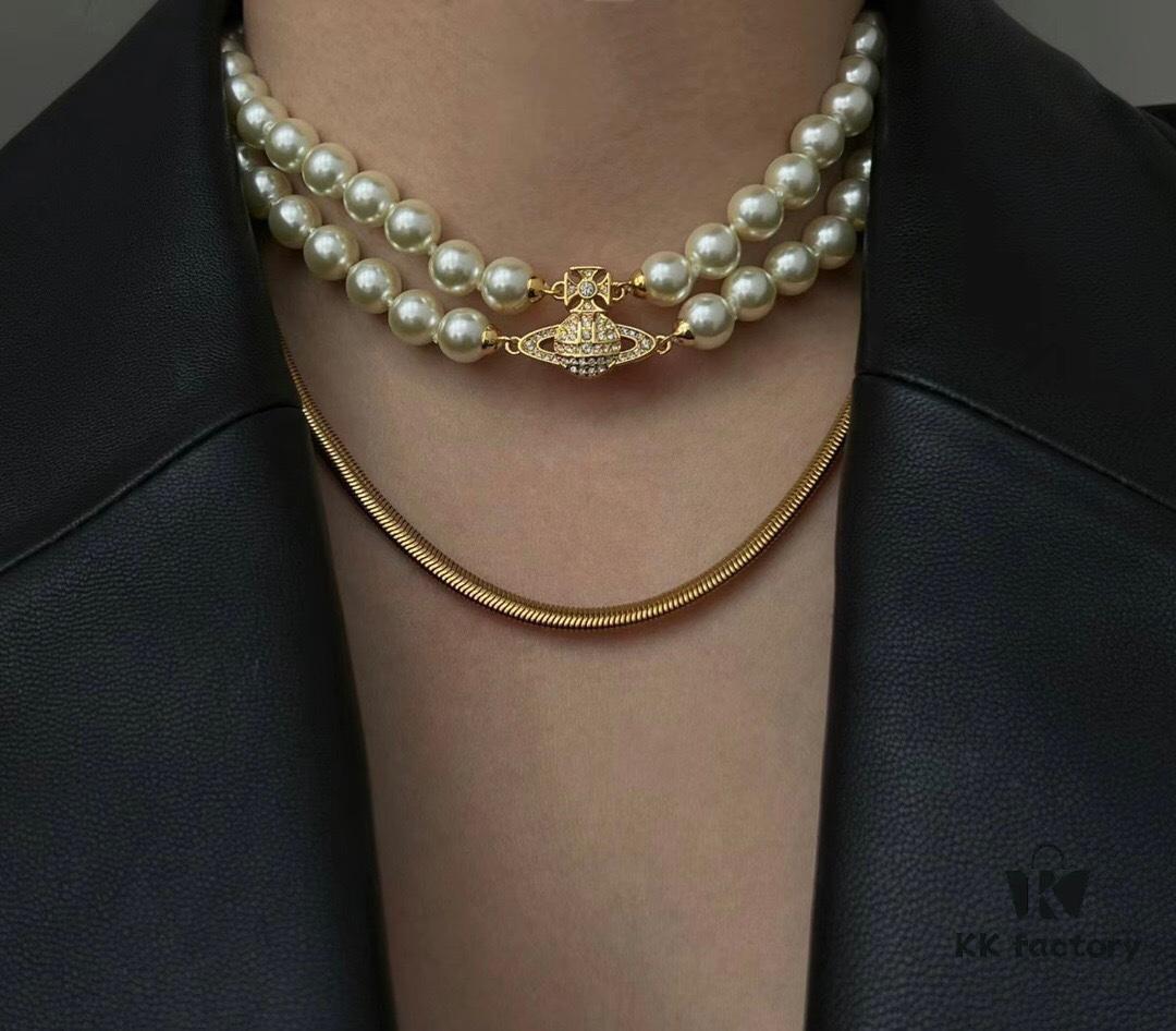 West Queen Full Crystal Saturn Double Layer Pearl Necklace