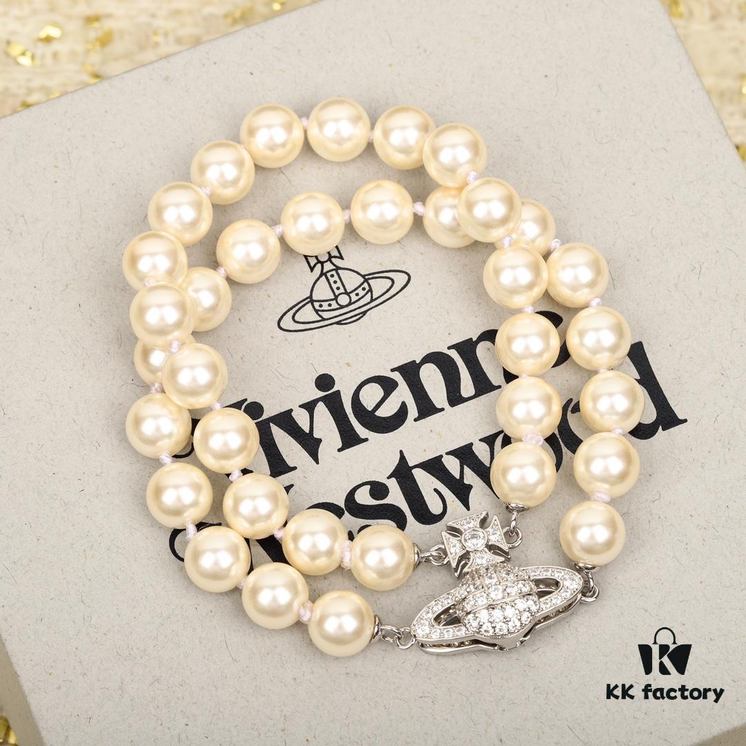 Vivienne Westwood Full Crystal Saturn Double Layer Pearl Bracelet