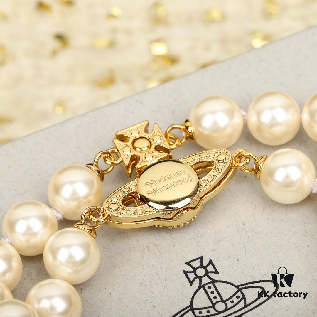 Vivienne Westwood Full Crystal Saturn Double Layer Pearl Bracelet