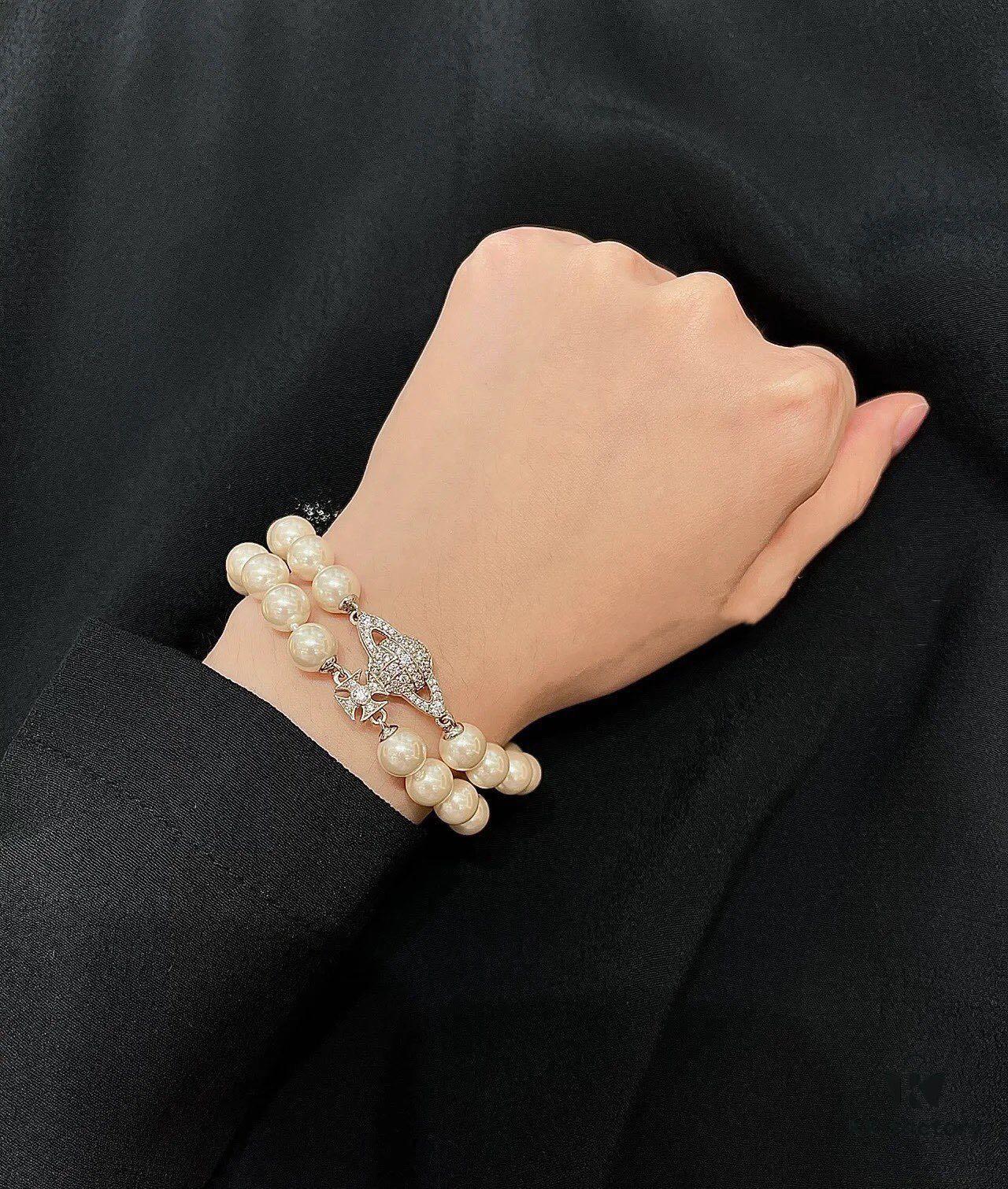 Vivienne Westwood Full Crystal Saturn Double Layer Pearl Bracelet