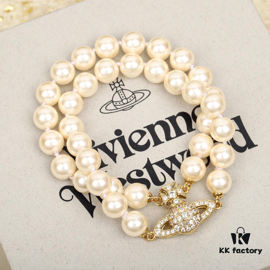 Vivienne Westwood Full Crystal Saturn Double Layer Pearl Bracelet