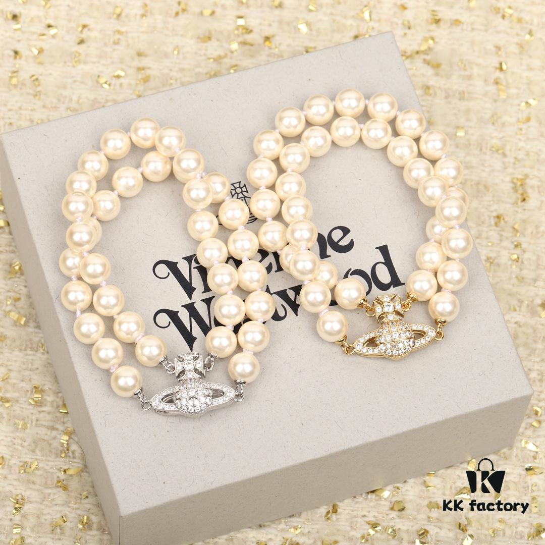 Vivienne Westwood Full Crystal Saturn Double Layer Pearl Bracelet