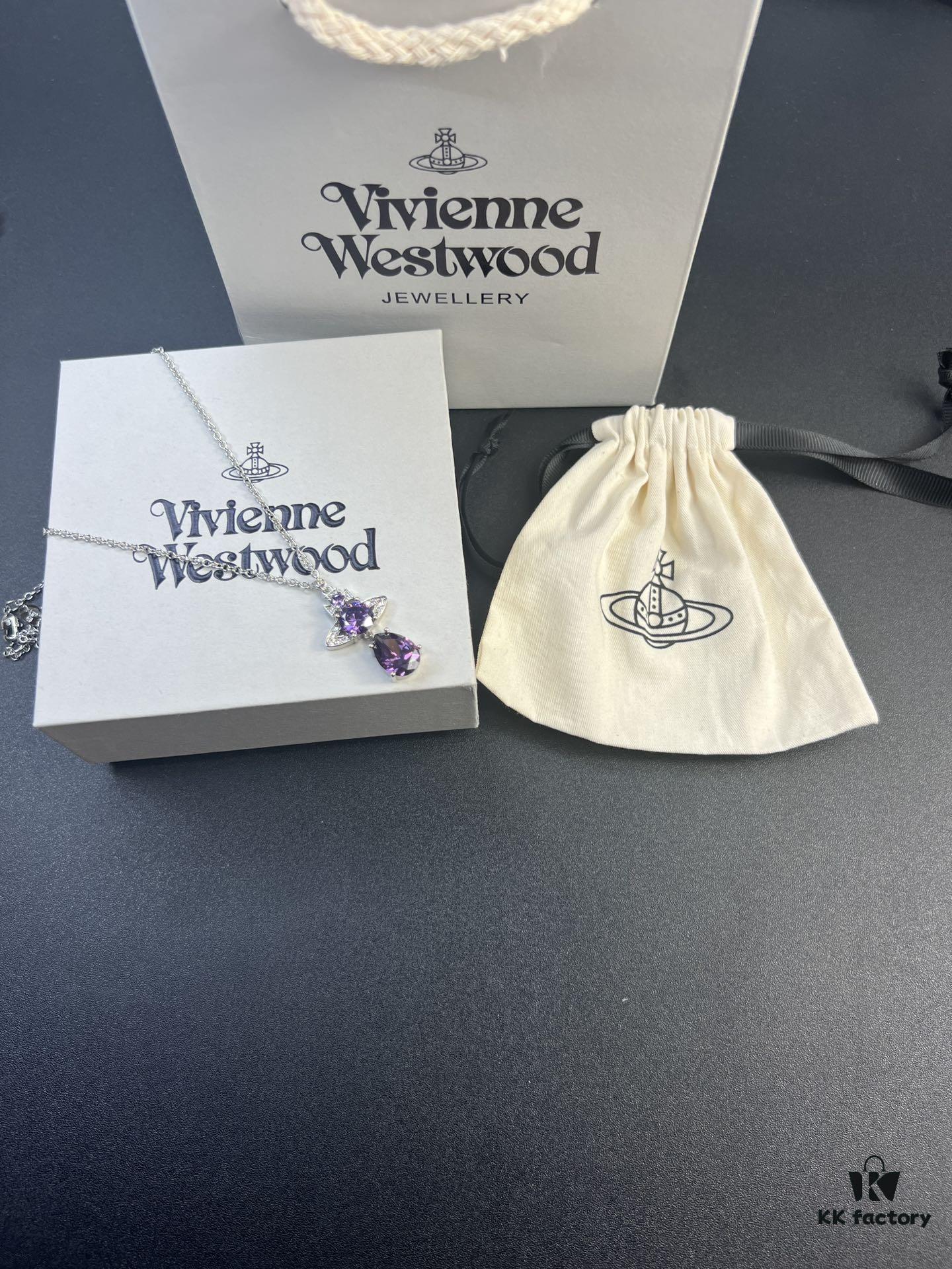 West Queen Purple Crystal Drop Necklace in White Gold Color