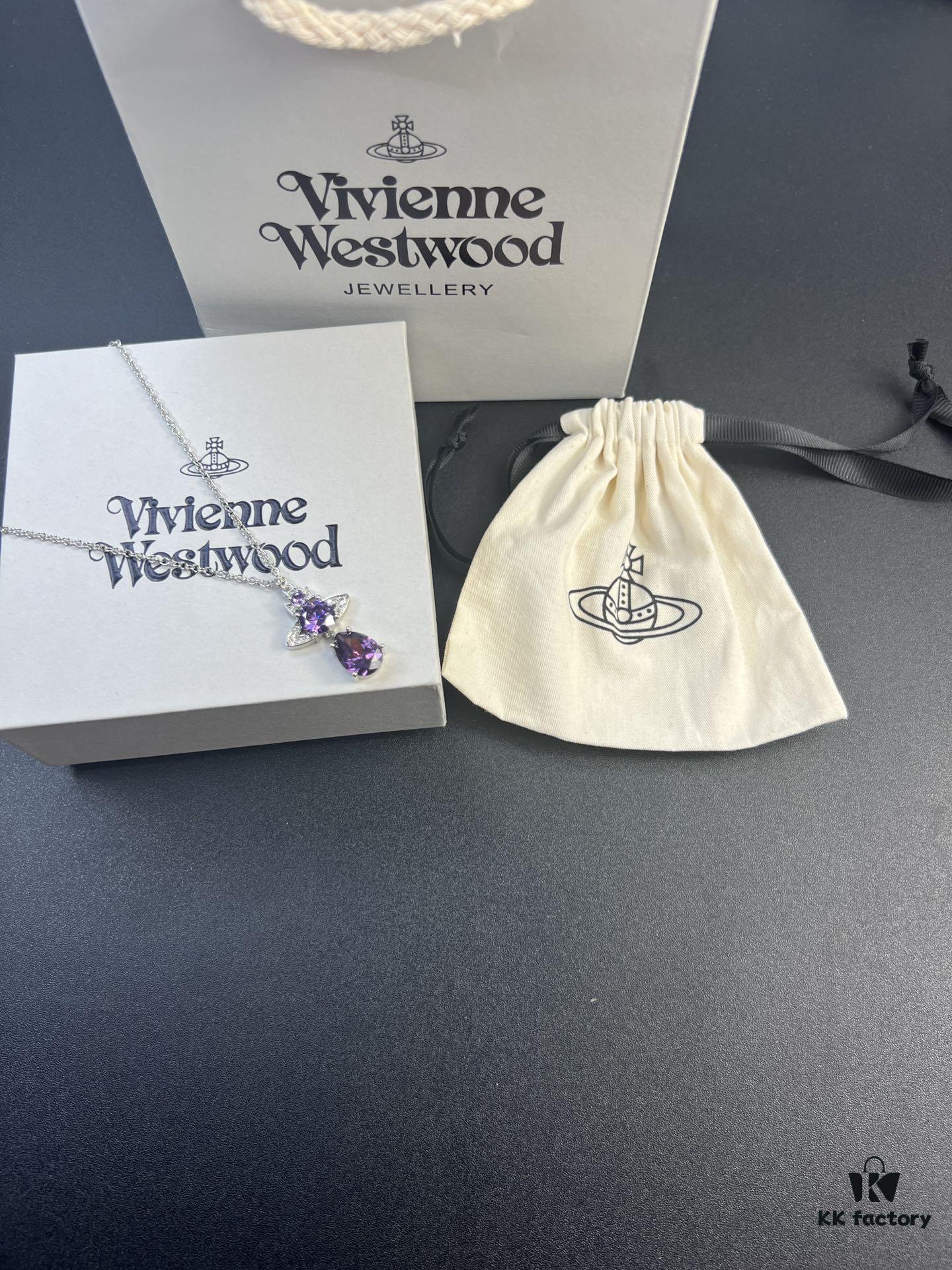 West Queen Purple Crystal Drop Necklace in White Gold Color