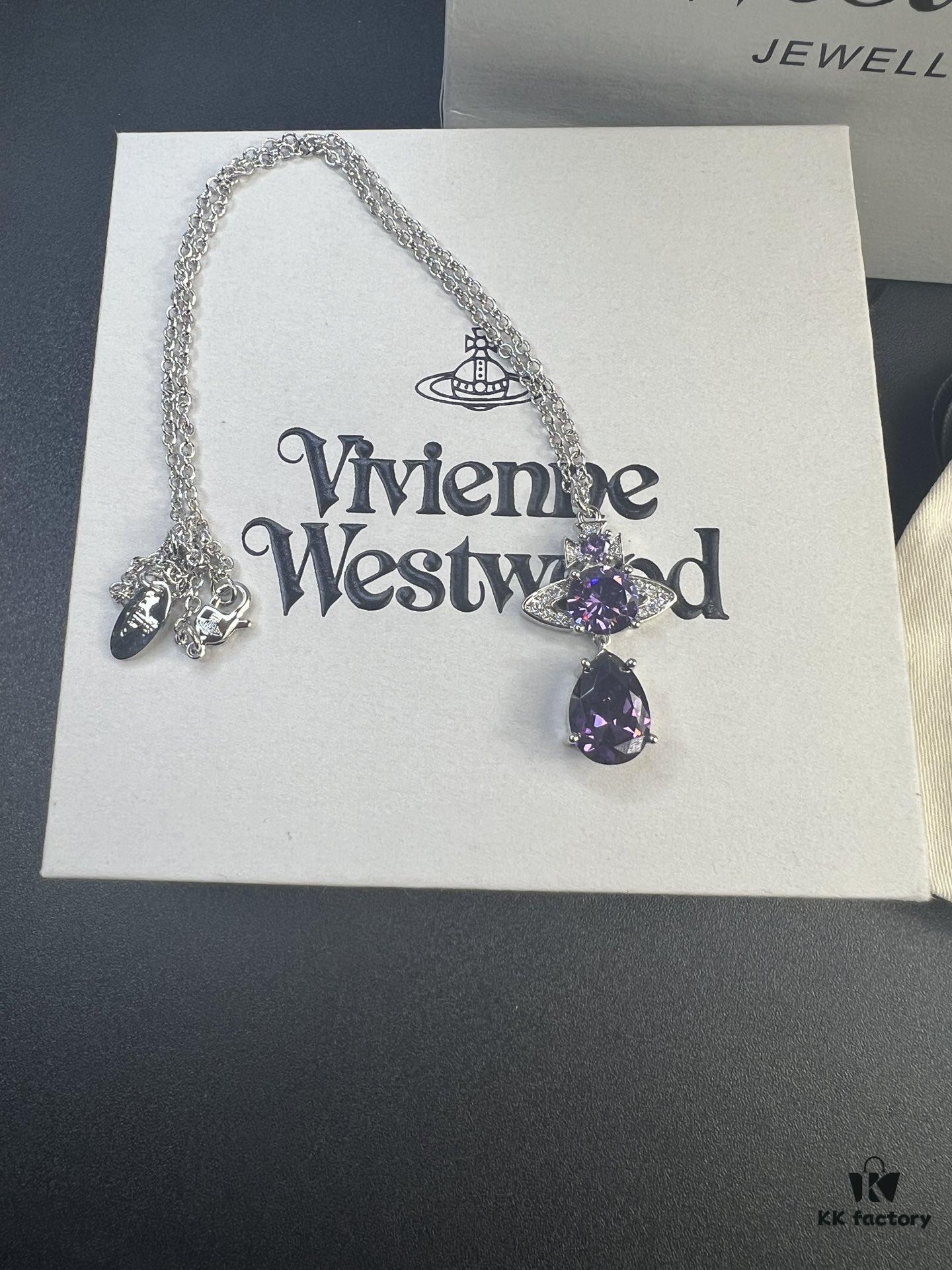 West Queen Purple Crystal Drop Necklace in White Gold Color