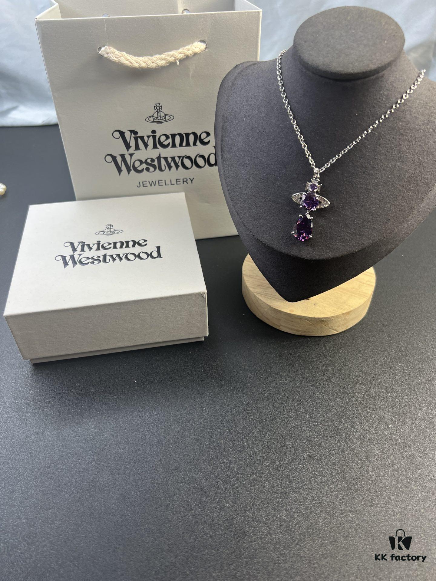 West Queen Purple Crystal Drop Necklace in White Gold Color