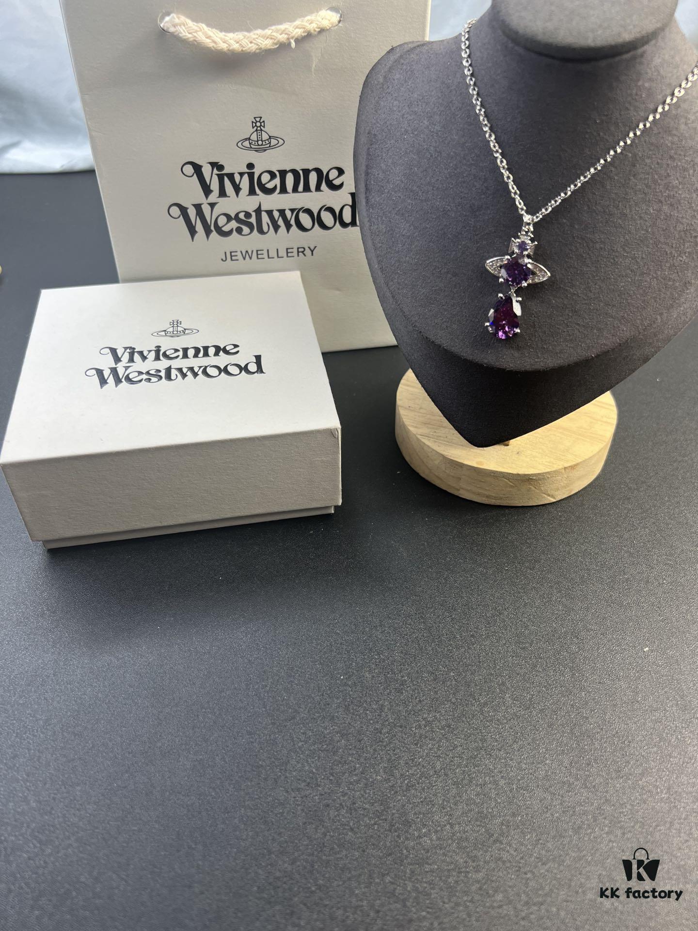 West Queen Purple Crystal Drop Necklace in White Gold Color