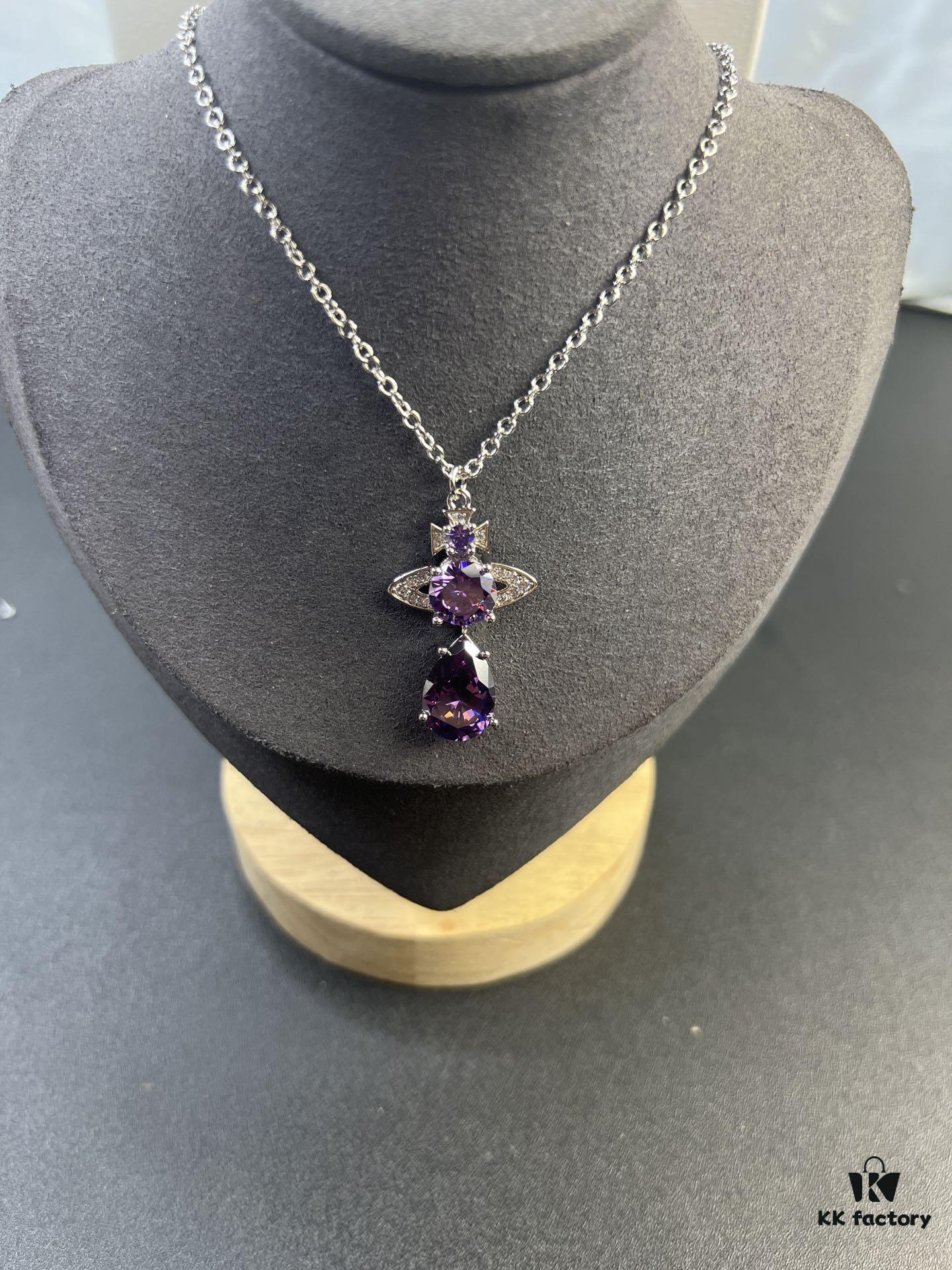 West Queen Purple Crystal Drop Necklace in White Gold Color