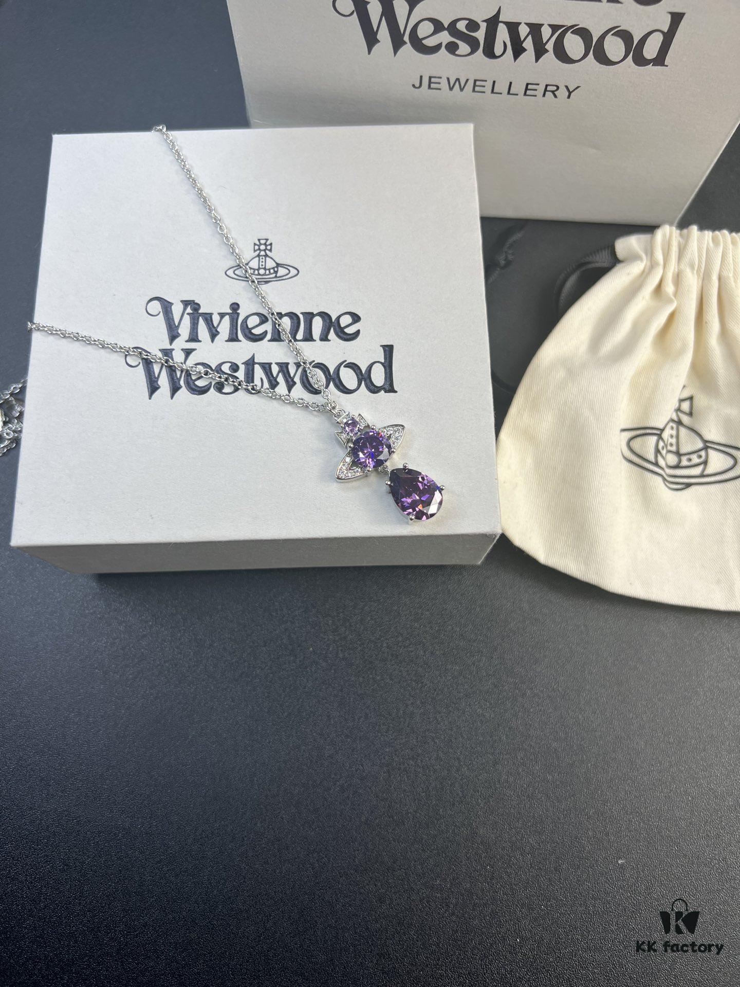 West Queen Purple Crystal Drop Necklace in White Gold Color