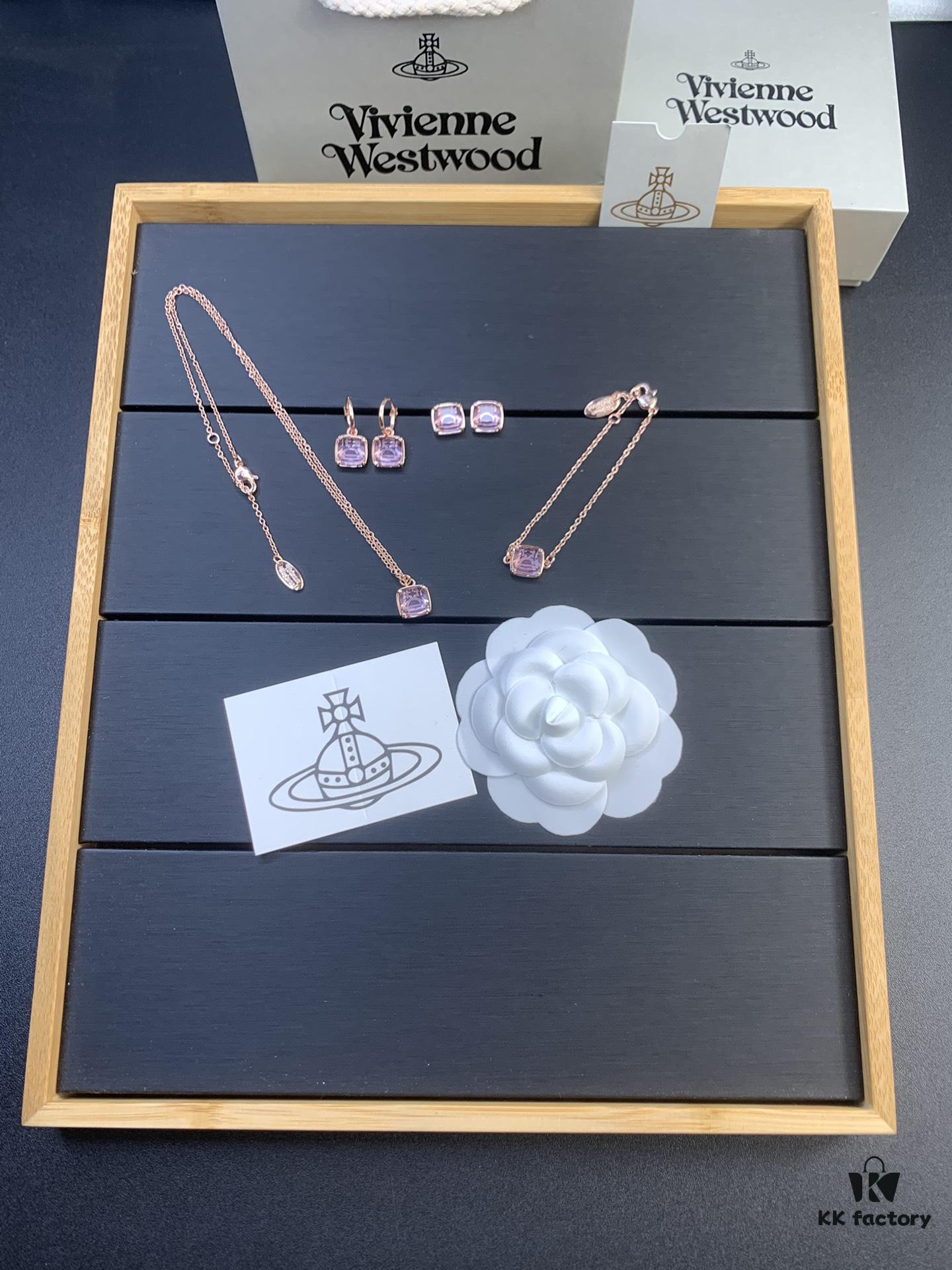 West Queen Sugar Cube Glass Necklace, Bracelet, and Earring Set, Purple, Pink, Yellow