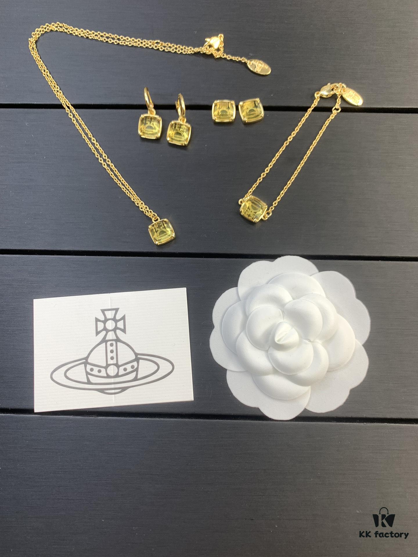 West Queen Sugar Cube Glass Necklace, Bracelet, and Earring Set, Purple, Pink, Yellow