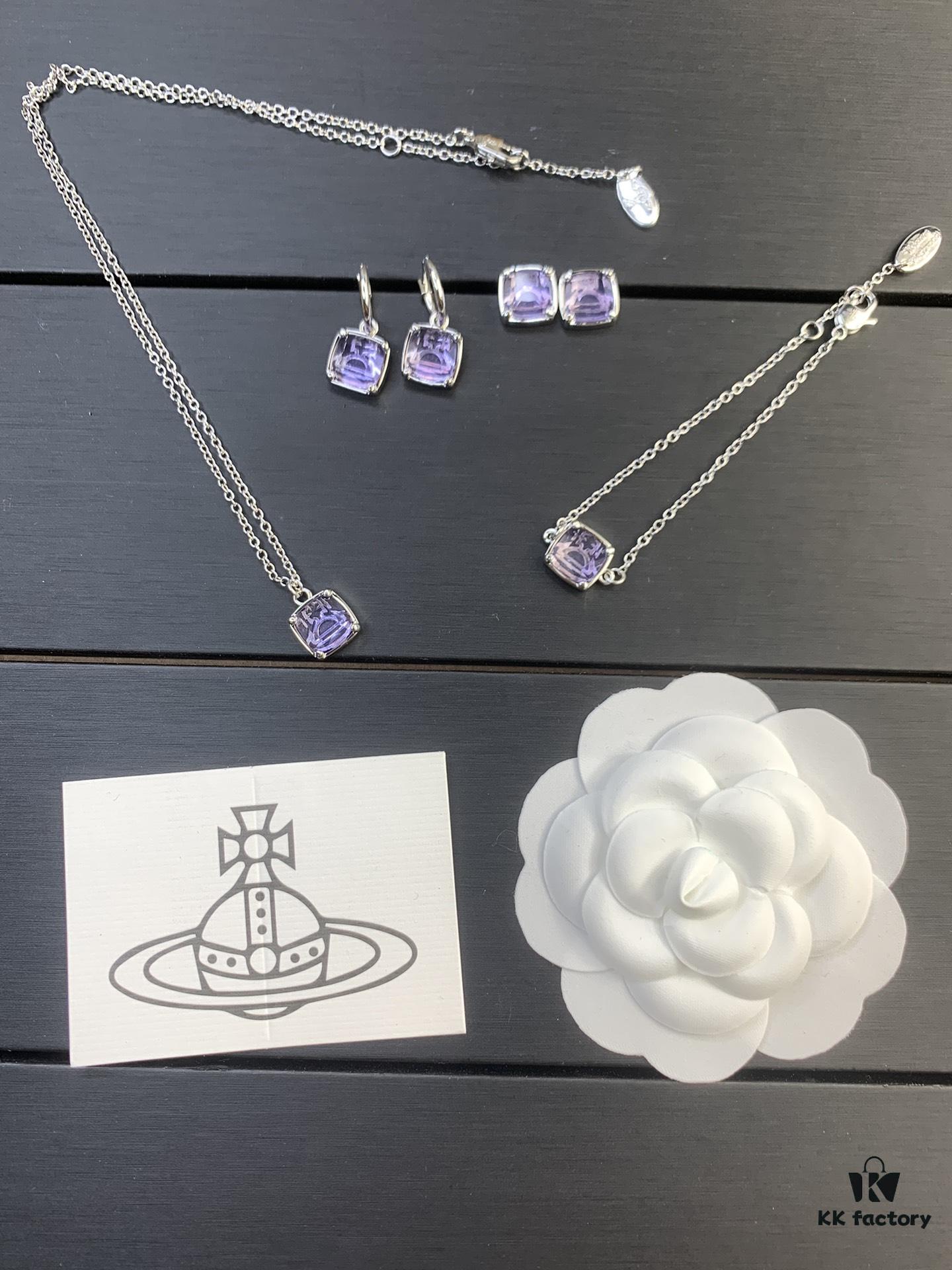 West Queen Sugar Cube Glass Necklace, Bracelet, and Earring Set, Purple, Pink, Yellow