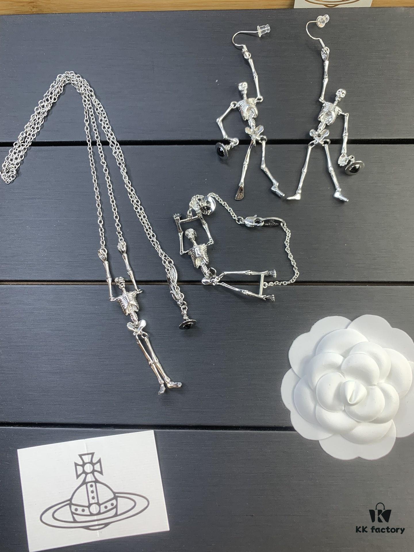 West Queen Skull Skeleton Earrings, Necklace, and Bracelet Set