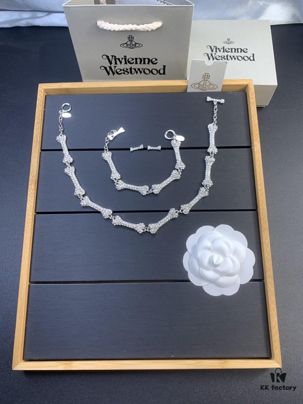 Vivienne Westwood Bone Full Diamond Stud Earrings, Bracelet, and Necklace Set