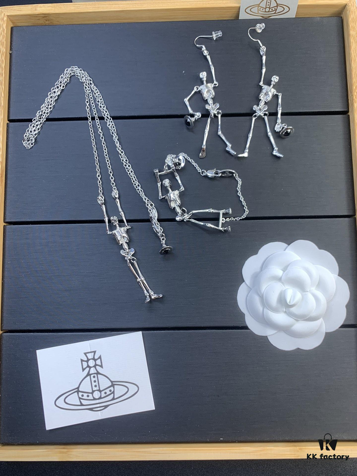 West Queen Skull Skeleton Earrings, Necklace, and Bracelet Set