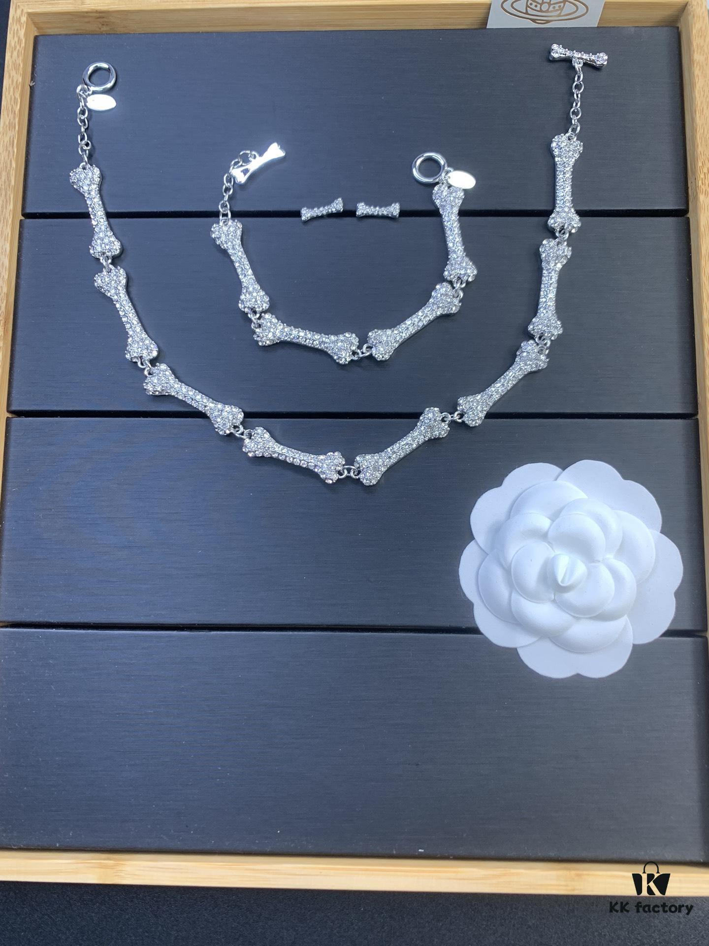 Vivienne Westwood Bone Full Diamond Stud Earrings, Bracelet, and Necklace Set